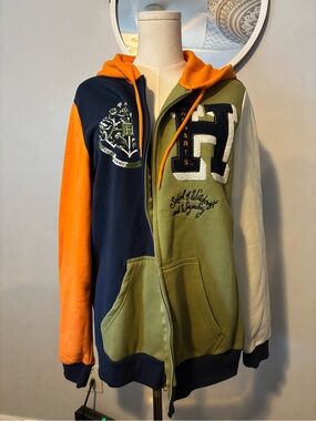 Men's Colorblock Zip-Up Hoodie Jacket - Olive, Navy & Orange